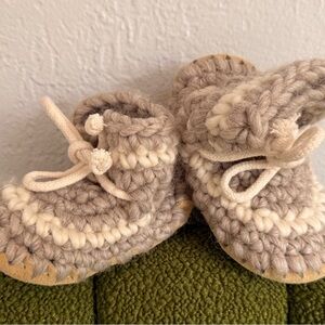 Handmade in Canada Taupe and Cream Crochet wool Baby Boots
